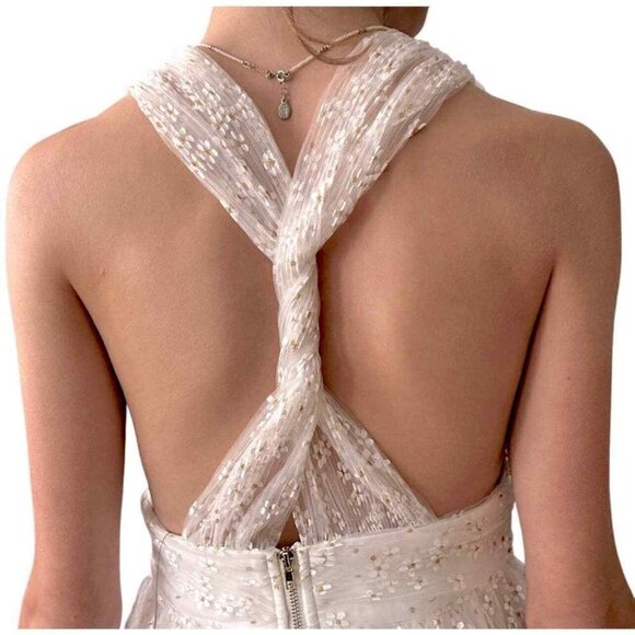 Lulus Ailey Ivory Twist Back Skater Metallic Tulle Mini Dress Size Medium - Picture 5 of 12